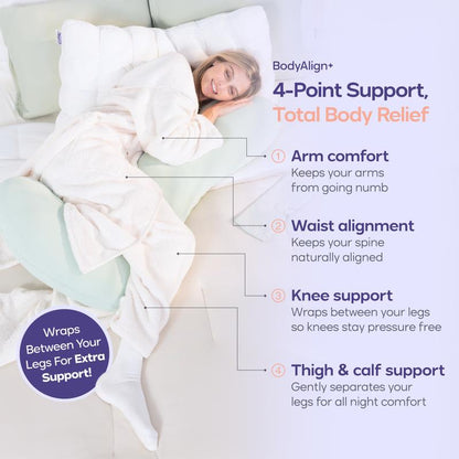 TOCCERA | BodyAlign Plus+ Pillow - Full Body Ergonomic Support Pillow for Back, Belly, Hips & Legs, Cooling Side Sleeper Pillow for Pregnancy, Maternity & Body Pain Relief